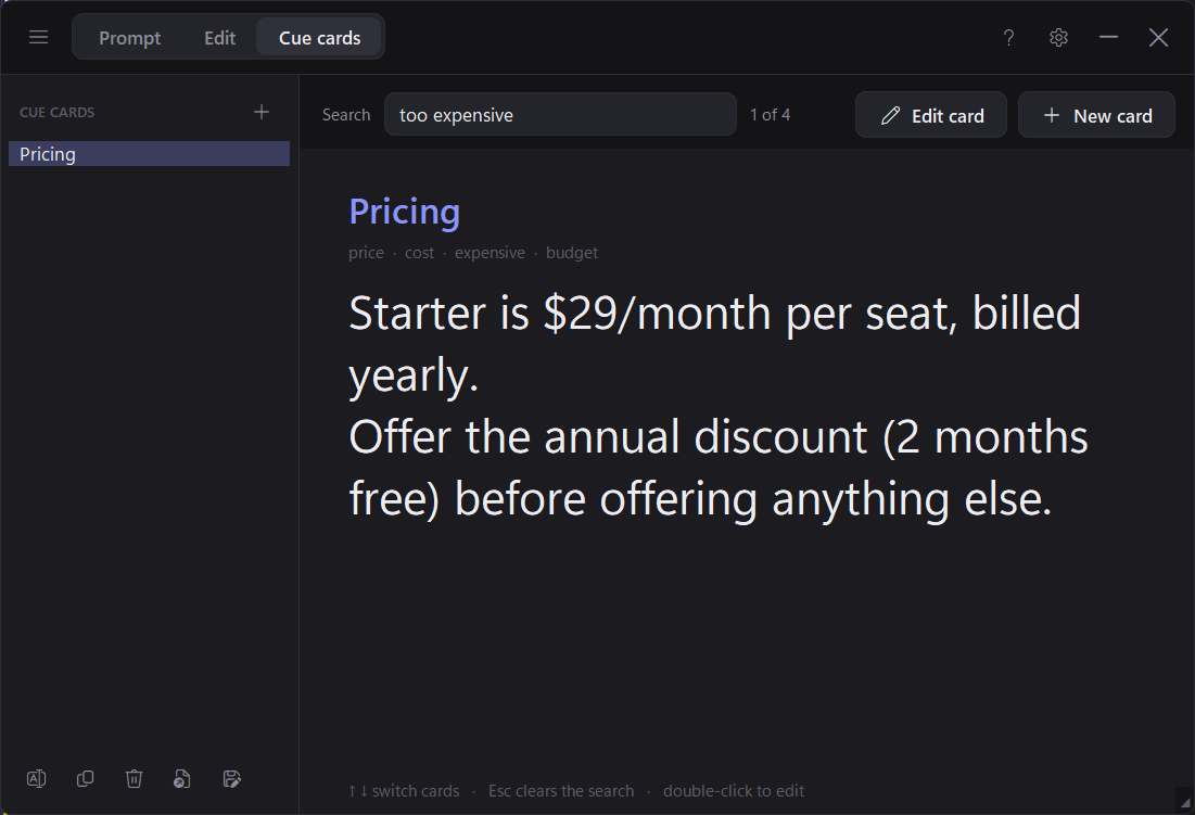 Oexta Prompt cue card search for 'too expensive' showing a pricing answer