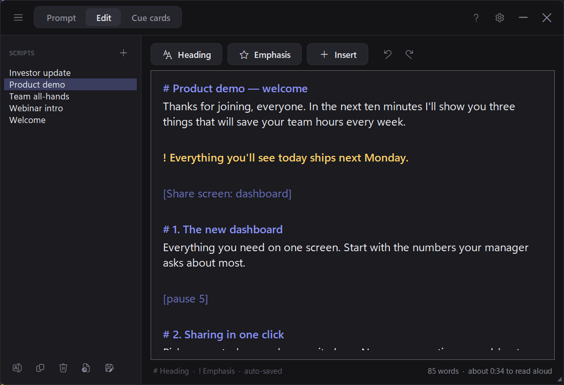 Oexta Prompt's editor with a script library in the sidebar