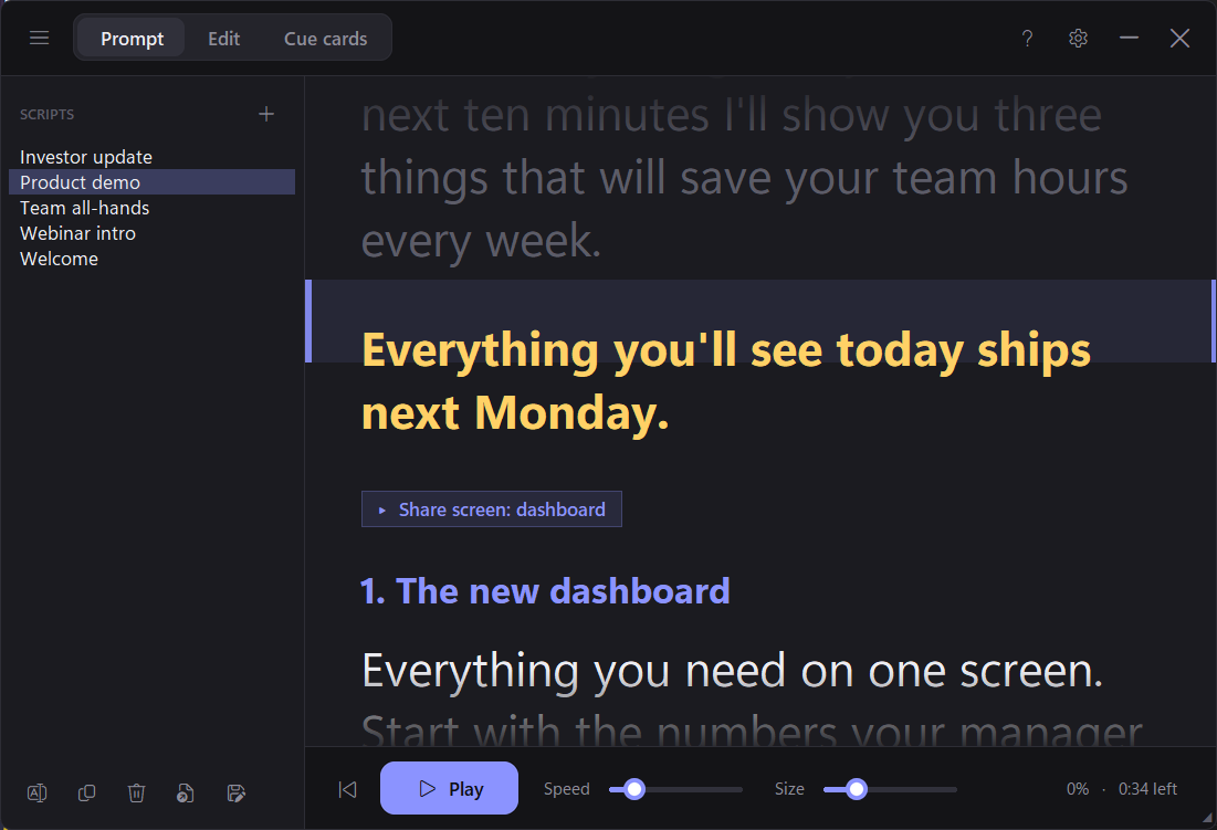 Oexta Prompt scrolling a product-demo script with headings